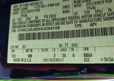 2017 Ford Escape Titanium из США, поврежденный, VIN 1FMCU0J93HUD54108